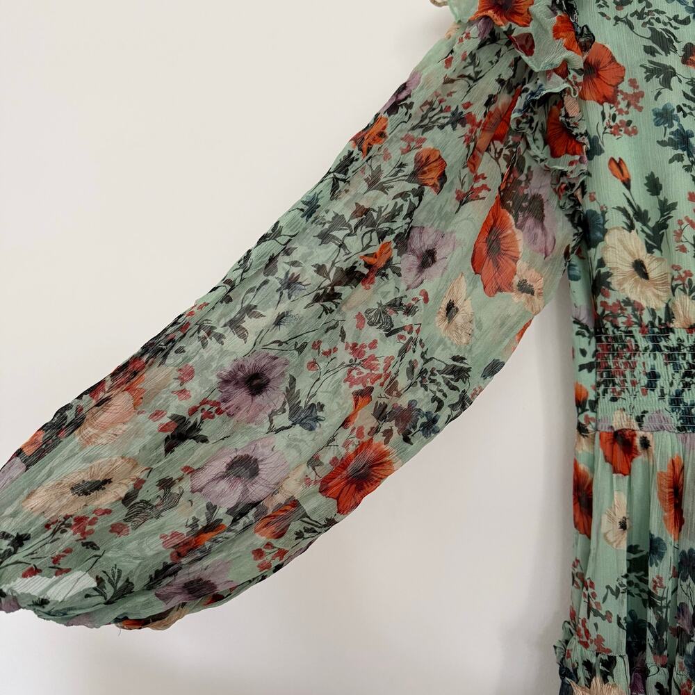 BHLDN Floral Chiffon Plunge Long-Sleeve Ruffle Maxi Dress Size US S - Picture 9 of 12